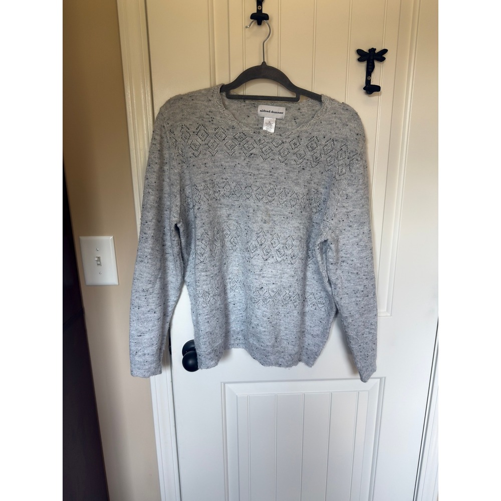 Alfred Dunner Womens XL Gray Metallic Pointelle Diamond Knit Crew Neck Sweater